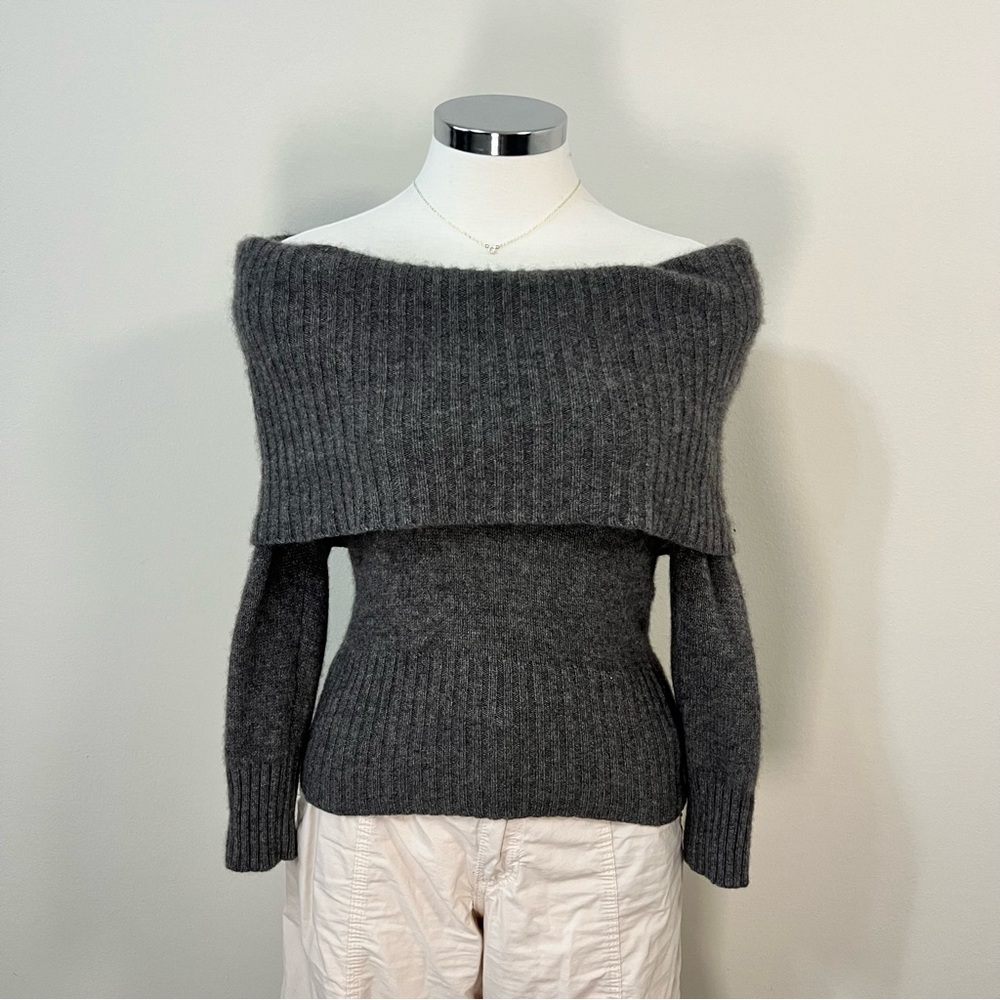 BEBE 100% Cashmere Gray Knit Off The Shoulder Sweater Size S